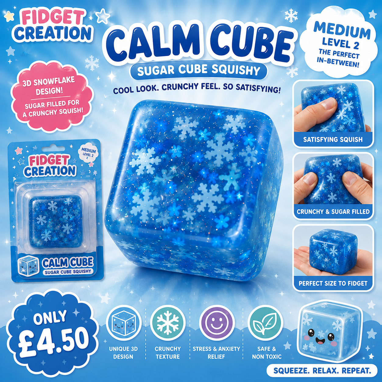 Fidget Calm Creation Calm Cube | Sugar Filled Medium Squishy | Crunchy Stress Relief Fidget Toy