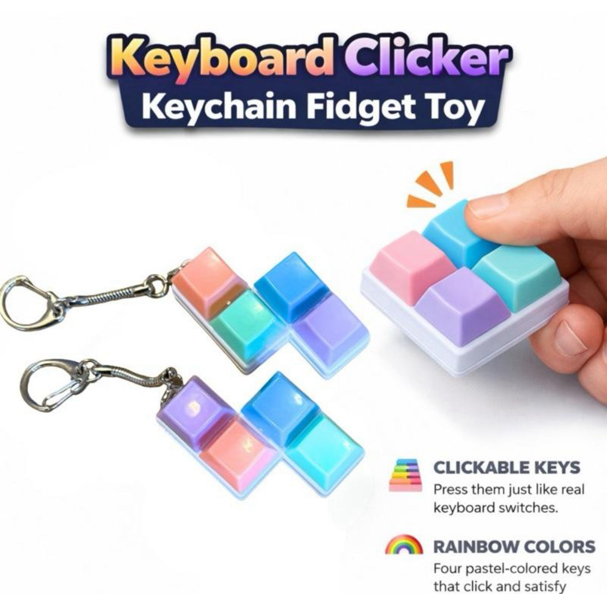Keyboard Clicker Keychain Fidget Toy with Clickable Keys in Rainbow Colors for Stress Relief and Satisfaction