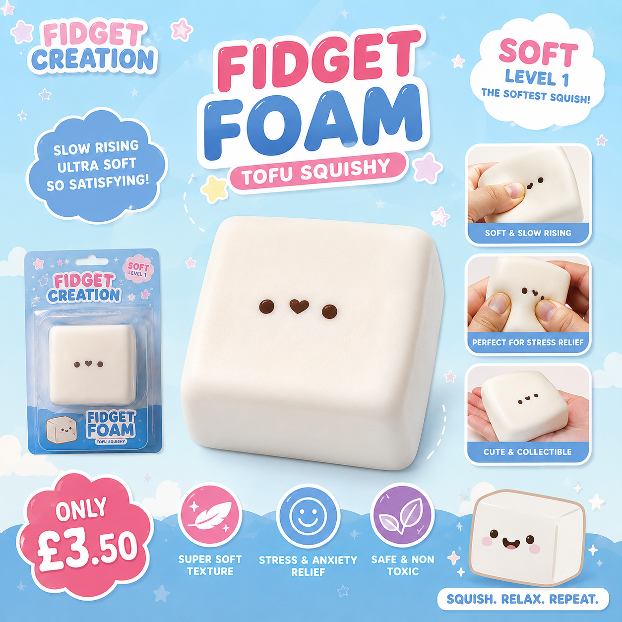 Fidget Calm Creation Fidget Foam | Ultra Soft Sugar Filled Squishy | Slow Rising Stress Relief Fidget Toy