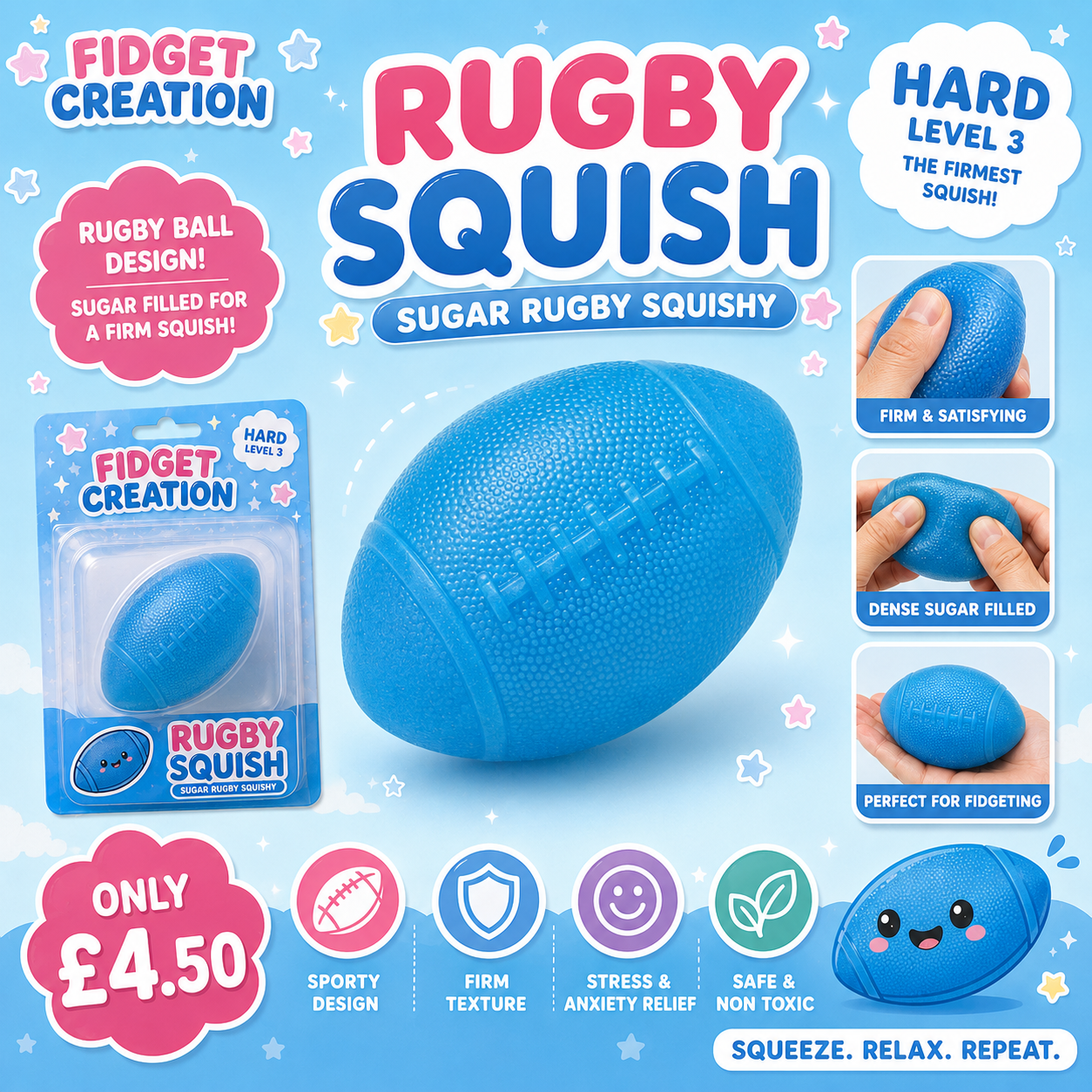 Fidget Calm Creation Rugby Squishy | Firm Sugar Filled Stress Relief Fidget Toy | Rugby Ball Squishy